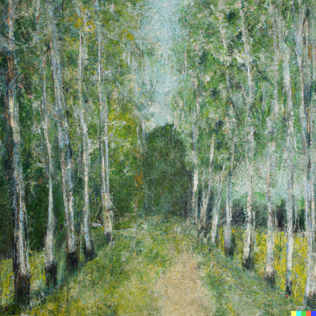“An impressionist oil painting of a garden, a large birch avenue stretches into the background” - created with DALL-E